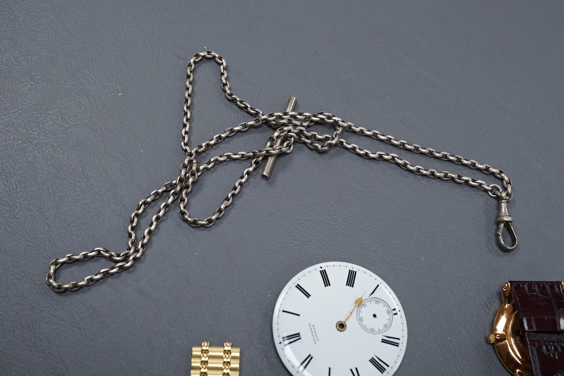 A late Victorian silver open faced keywind pocket watch, together with a Waltham gold plated pocket watch and six other items.